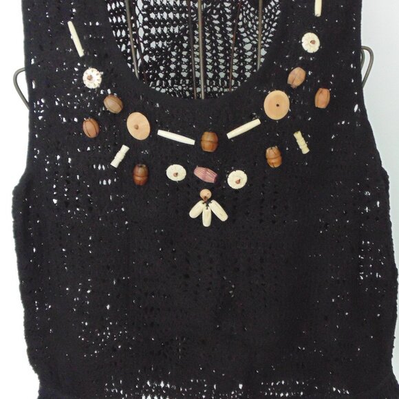 Vtg 80s Speed Limit Black Crochet Knit Crop Top Fringe Cami Button Embellished M - Picture 1 of 4